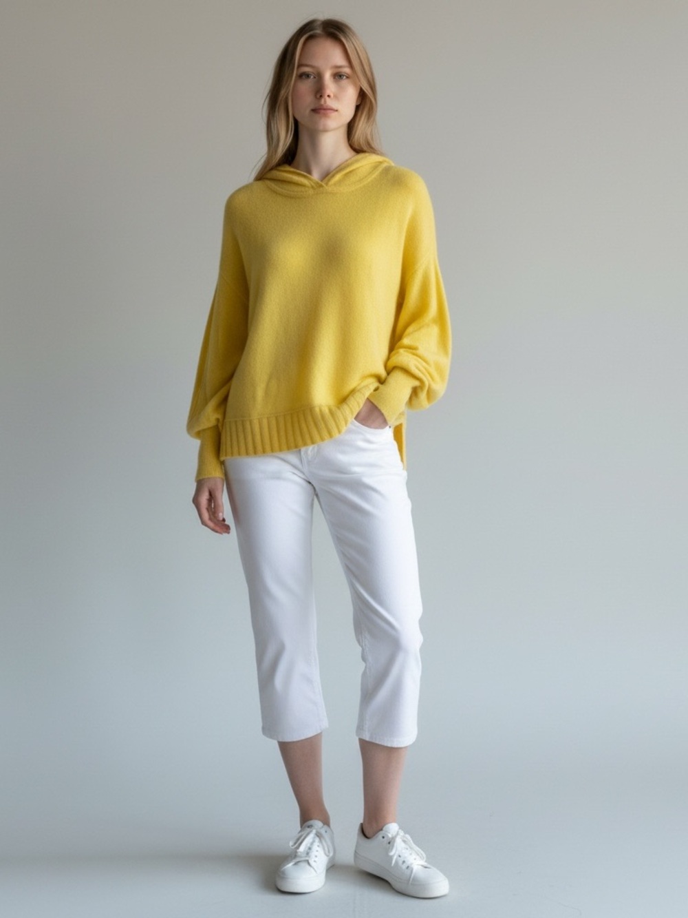 White + Warren Yellow 100% Cashmere Hoodie | Size Large